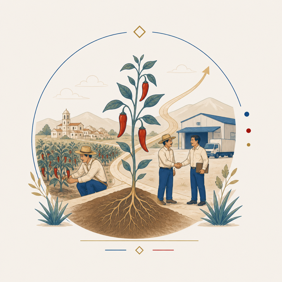 Ilustración de crecimiento desde el campo hasta la operación comercial