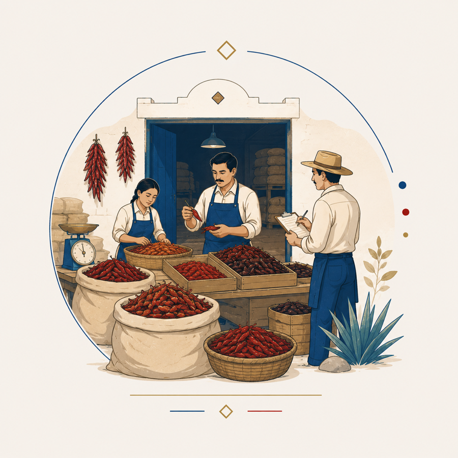 Ilustración de especialistas en selección y comercio de chile seco