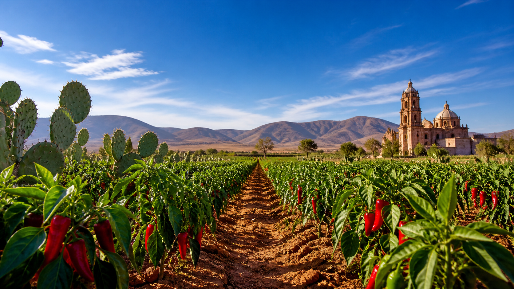 Campo de chile con paisaje zacatecano